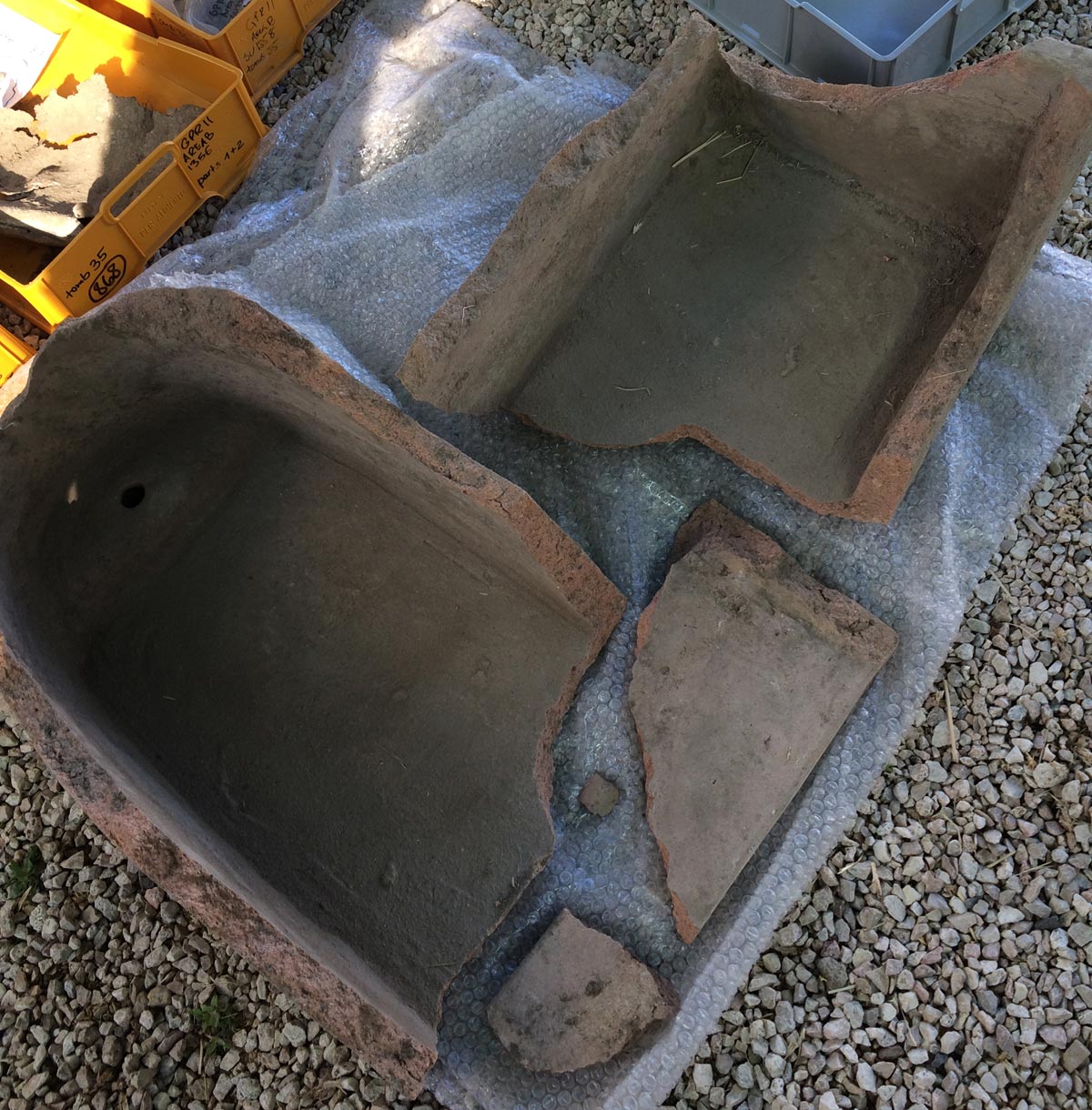Fragments of late Roman sarcophagus after removal