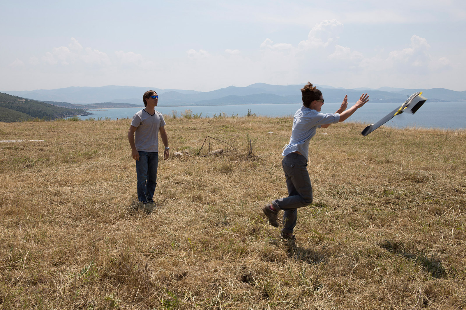 Archaeologist launching a drone